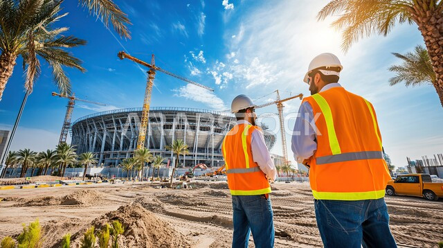 الاشراف على المشاريع في موقع البناء، صورة من الخلف لمهندسان عربيان خليجيان سعوديان يرتدون سترة وخوذة الحماية، مهن ووظائف هندسية سعودية، متابعة سير العمل بشكل مباشر، تطور ونمو القطاع الهندسي المعماري في المملكة