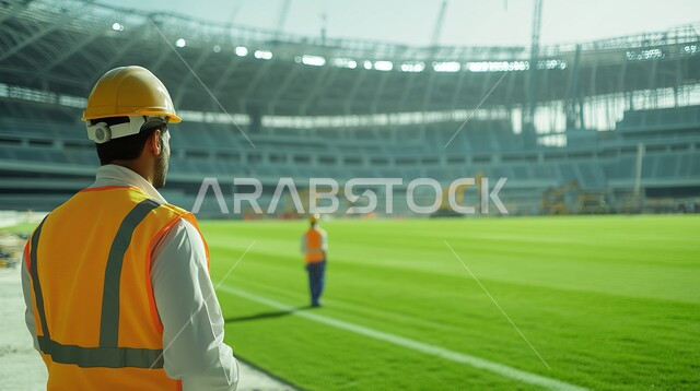 مهن ووظائف هندسية سعودية، متابعة سير العمل بشكل مباشر، تطور ونمو القطاع الهندسي المعماري في المملكة، الاشراف على المشاريع في موقع البناء، صورة من الخلف لمهندس عربي خليجي سعودي يرتدي سترة وخوذة الحماية يقوم بمراقبة الأعمال