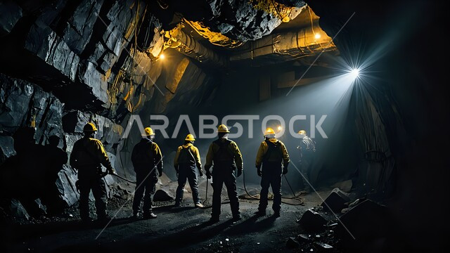 أعمال التنقيب والبحث في الطبقات الأرضية السفلى، استخراج المواد الخام والفحم ومعادن من تحت الأرض، مجموعة من عمال المناجم يرتدون زي العمل وخوذة الحماية يقفون داخل نفق مظلم مضاء بمصابيح، مهن ووظائف سعودية
