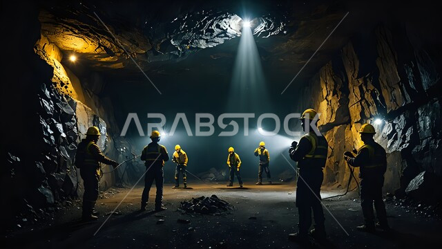 استخراج المواد الخام والفحم ومعادن من تحت الأرض، مجموعة من عمال المناجم يرتدون زي العمل وخوذة الحماية يقفون داخل نفق مظلم مضاء بمصابيح، مهن ووظائف سعودية، أعمال التنقيب والبحث في الطبقات الأرضية السفلى