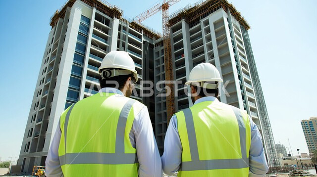 الاشراف على المشاريع المعمارية بشكل مباشر، مفهوم العمل في القطاع الهندسي، مهن ووظائف في المملكة العربية السعودية، التطور و النمو العمراني على أيدي أبناء الوطن، صورة مقربة من الخلف لمهندسان عربيان خليجيان سعوديان يرتديان سترة و خوذة الحماية يقفان في موقع البناء