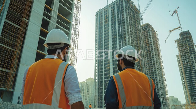 مفهوم العمل في القطاع الهندسي, مهن ووظائف في المملكة العربية السعودية, التطور و النمو العمراني على أيدي أبناء الوطن، صورة مقربة من الخلف لمهندسان عربيان خليجيان سعوديان يرتديان سترة و خوذة الحماية يقفان في موقع البناء، الاشراف على المشاريع المعمارية بشكل مباشر