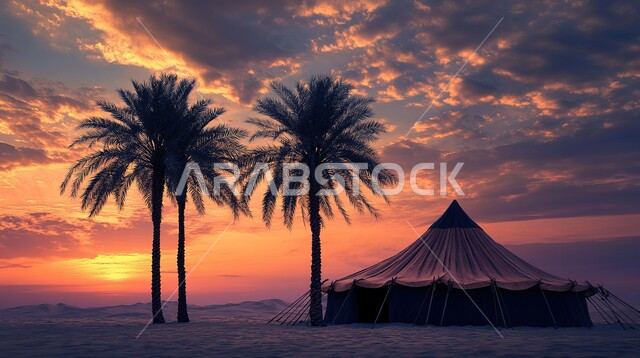 كشتة و جلسة بر شبابية، التخييم في صحاري المملكة العربية السعودية, خيمة بدوية شعبية وسط الصحراء، التضاريس والرمال الذهبية الناعمة وقت الغروب، مخيمات سياحية في المناطق البرية، قضاء أوقات ممتعة وهادئة بين أشجار النخيل