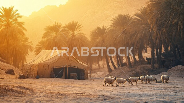 قضاء أوقات ممتعة وهادئة بين أشجار النخيل، تربية ورعاية الثديات،  كشتة و جلسة بر شبابية، التخييم في صحاري المملكة العربية السعودية، خيمة بدوية شعبية وسط الصحراء، قطيع من الأغنام على الرمال الذهبية الناعمة، مخيمات سياحية في المناطق البرية