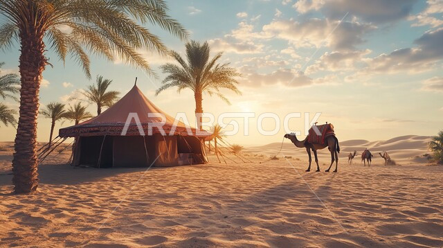 مخيمات سياحية في المناطق البرية، قضاء أوقات ممتعة وهادئة بين أشجار النخيل، تربية ورعاية الثديات والجمال، وسيلة النقل في القدم، كشتة و جلسة بر شبابية، التخييم في صحاري المملكة العربية السعودية، خيمة بدوية شعبية وسط الصحراء، التضاريس والرمال الذهبية الناعمة