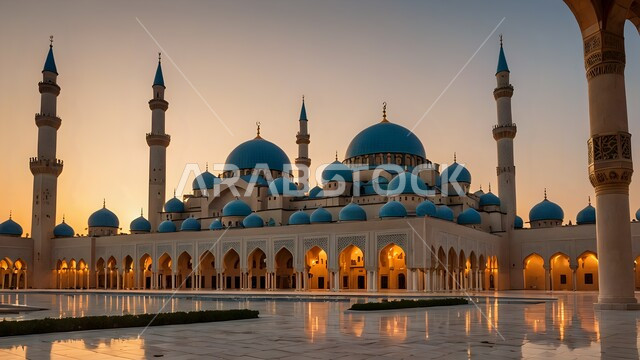 أداء الفرائض والصلوات في وقتها، العبادة والتقرب إلى الله، جامع بديكورات وتصاميم على الطراز الاسلامي العريق، الفن الهندسي المعماري لبناء المساجد في المملكة العربية السعودية، الأماكن والمعالم الدينية الإسلامية المقدسة، القبب والمآذن الشامخة عند الغروب