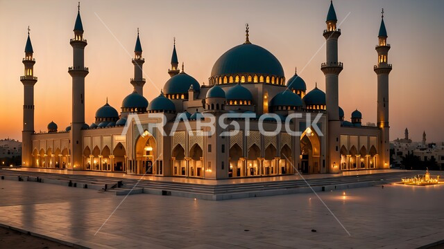 العبادة والتقرب إلى الله، جامع بديكورات وتصاميم على الطراز الاسلامي العريق، الفن الهندسي المعماري لبناء المساجد في المملكة العربية السعودية، الأماكن والمعالم الدينية الإسلامية المقدسة، القبب والمآذن الشامخة عند الغروب، أداء الفرائض والصلوات في وقتها