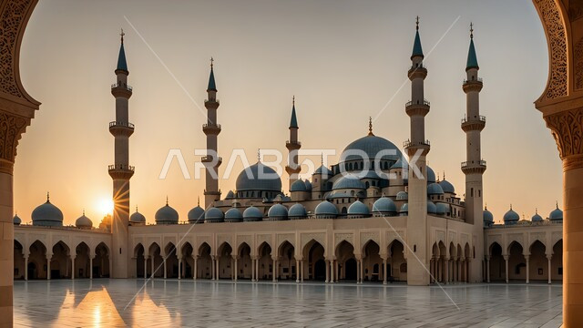 الفن الهندسي المعماري لبناء المساجد في المملكة العربية السعودية، الأماكن والمعالم الدينية الإسلامية المقدسة، القبب والمآذن الشامخة عند الغروب، أداء الفرائض والصلوات في وقتها، العبادة والتقرب إلى الله، جامع بديكورات وتصاميم على الطراز الاسلامي العريق