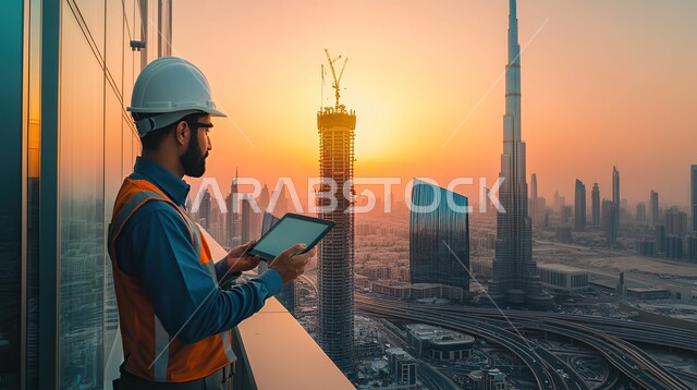 Urban development and growth at the hands of the sons of the homeland, a side view of an Arab Gulf Emirati engineer wearing a protective jacket and helmet supervising architectural projects via a tablet, the architectural engineering art of skyscrapers, the use of modern technologies in the field of engineering, Emirati professions and jobs