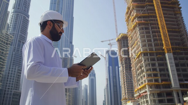 الفن الهندسي المعماري للأبراج وناطحات السحاب في المملكة، استخدام التقنيات الحديثة في مجال الهندسة، مهن ووظائف سعودية، التطور و النمو العمراني على أيدي أبناء الوطن، مهندس عربي خليجي سعودي يرتدي الثوب التقليدي وخوذة الحماية يشرف على المشاريع عبر جهاز التابليت