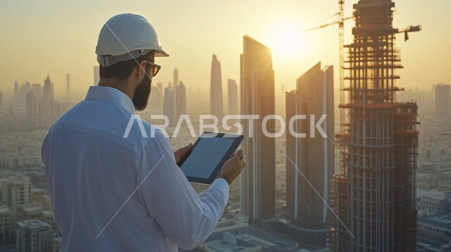 استخدام التقنيات الحديثة في العمل، مهن ووظائف سعودية، التطور و النمو العمراني على أيدي أبناء الوطن، صورة من الخلف لمهندس عربي خليجي سعودي يرتدي الثوب التقليدي وخوذة الحماية يشرف على المشاريع عبر التابليت، الفن الهندسي المعماري للأبراج وناطحات السحاب في المملكة