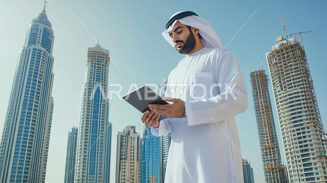 Saudi professions and jobs, urban development and growth at the hands of the sons of the homeland, a Saudi Gulf Arab engineer wearing the traditional dress and ghutra supervises projects via tablet, the architectural engineering art of towers and skyscrapers in the Kingdom, the use of modern technologies in work