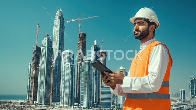 التطور و النمو العمراني على أيدي أبناء الوطن، مهندس عربي خليجي سعودي يرتدي سترة وخوذة الحماية يشرف على المشاريع عبر جهاز التابليت، الفن الهندسي المعماري للأبراج وناطحات السحاب في المملكة، استخدام التقنيات الحديثة في مجال الهندسة، مهن ووظائف سعودية