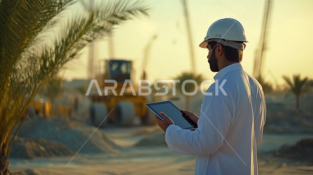 دمج العمل مع التقنية و التكنولوجيا ، الاطلاع على تصاميم هندسية جديدة عبر التابليت، صورة من الخلف لمهندس عربي خليجي سعودي يرتدي الثوب التقليدي والخوذة يستخدم التاب في موقع العمل، النمو والتطور العمراني في السعودية , مجال الانشاءات والمشاريع الهندسية المعمارية