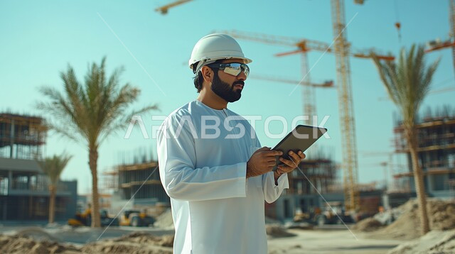 مجال الانشاءات والمشاريع الهندسية المعمارية، دمج العمل مع التقنية و التكنولوجيا، الاطلاع على تصاميم هندسية جديدة عبر التابليت، مهندس عربي خليجي سعودي يرتدي الثوب التقليدي والخوذة يستخدم التاب في موقع العمل، النمو والتطور العمراني في السعودية