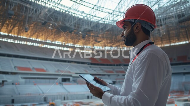 Urban growth and development in Saudi Arabia, the field of construction and architectural engineering projects, integrating work with technology and technology, viewing new engineering designs via tablet, a side view of a Saudi Arabian Gulf engineer wearing traditional dress and helmet using a tablet at the work site