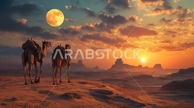  تربية الجمال والابل في المحميات الطبيعية في المملكة العربية السعودية، جمال عربية أصيلة تقف وسط الصحراء عند الغروب، التلال و الكثبان الرملية، التشكيلات والتكوينات الصخرية في المرتفعات، الاهتمام ورعاية المواشي والثديات في الصحاري