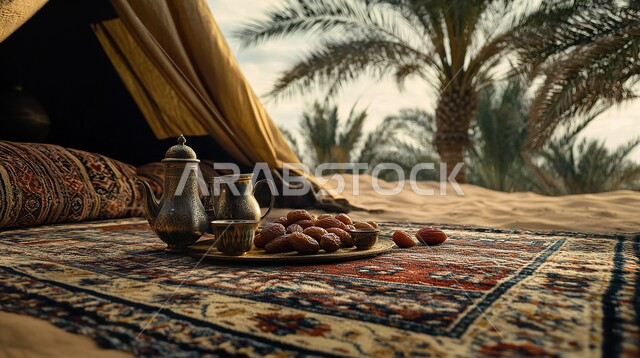 قضاء أوقات ممتعة بين أحضان الطبيعة، محاصيل ومنتجات زراعية محلية وطنية, واحات ومزارع أشجار النخيل في الطبيعة الصحراوية, المحميات الطبيعية في السعودية, وجبة ذات قيمة غذائية عالية، صورة مقربة لطبق نحاسي مليء بالتمر الطازج مع ابريق الشاي، كشتة وجلسة بر شبابية