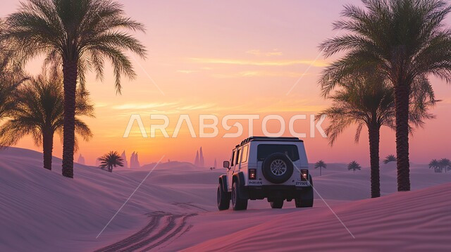 Driving a four-wheel drive vehicle (dune bashing) in the middle of the desert, fun desert activities, enjoying practicing favorite hobbies, an exciting adventure on the soft golden sands in the deserts of the Kingdom of Saudi Arabia, safari adventures on the sand dunes