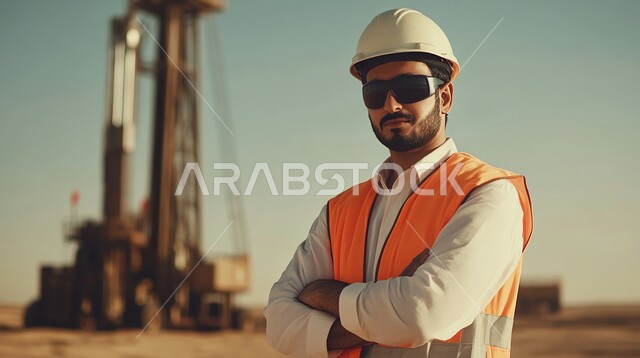آلات الحفر الثقيلة الضخمة, النهضة بالاقتصاد السعودي, استخراج وتصدير الزيوت, صورة مقربة لمهندس عربي خليجي سعودي يرتدي سترة وخوذة الحماية يقوم بالتنقيب عن الثروات الباطنية, حفارة لاستنباط النفط والغاز, جودة الأدوات والمعدات لصناعة وتخزين البترول