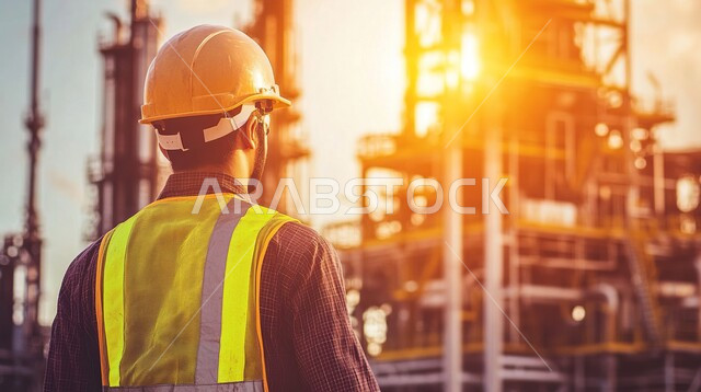 النهضة بالاقتصاد السعودي, استخراج وتصدير الزيوت, صورة مقربة من الخلف لمهندس عربي خليجي سعودي يرتدي سترة وخوذة الحماية يقوم بالتنقيب عن الثروات الباطنية, حفارة لاستنباط النفط والغاز, آلات الحفر الثقيلة الضخمة, جودة الأدوات والمعدات لصناعة وتخزين البترول