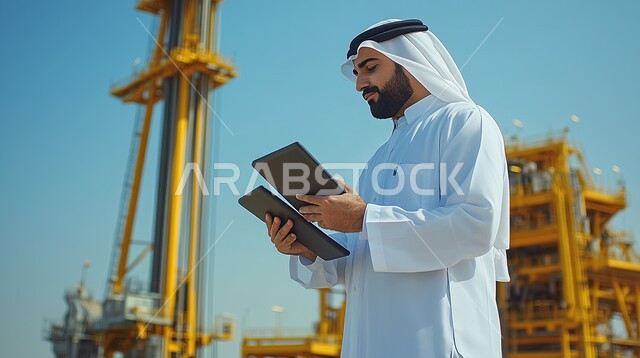 Using modern technical devices in engineering works, a Saudi Arabian Gulf engineer wearing traditional dress and a ghutra holding a tablet in his hand and searching for underground resources, a drilling rig for oil and gas extraction, heavy drilling machines, quality of tools and equipment for the petroleum industry and storage