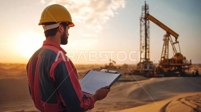 جودة الأدوات والمعدات لصناعة وتخزين البترول, النهضة بالاقتصاد السعودي, استخراج وتصدير الزيوت, صورة مقربة من الخلف لمهندس عربي خليجي سعودي يرتدي سترة وخوذة الحماية يمسك بيده المخططات ويقوم بالتنقيب عن الثروات الباطنية, حفارة لاستنباط النفط والغاز