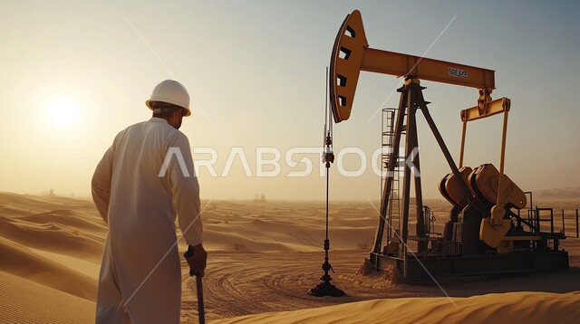 استخراج وتصدير الزيوت, النهضة بالاقتصاد السعودي, صورة من الخلف لمهندس عربي خليجي سعودي يرتدي الزي التقليدي وخوذة الحماية يقوم بالتنقيب عن الثروات الباطنية, حفارة لاستنباط النفط والغاز, آلات الحفر الثقيلة الضخمة, جودة الأدوات والمعدات لصناعة وتخزين البترول