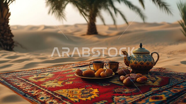 فناجين قهوة عربية وطبق من التمر الشهي على الرمال الذهبية الناعمة في الصحراء، نمط الحياة في البادية، الاستمتاع بالمشروبات الساخنة في الطبيعة الصحراوية، التشكيلات والكثبان الرملية, ضيافة عربية تقليدية, منتجات محلية وطنية