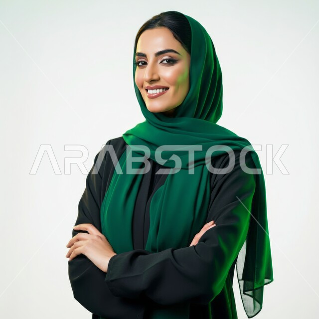 تعابير الثقة والاعتزاز بالنفس, الاهتمام بالأناقة والمظهر الخارجي, مفهوم الانوثة والنعومة, النظر إلى الكاميرا بإيماءات السعادة والسرور, بورتريه مقرب لامرأة عربية خليجية سعودية محجبة مبتسمة ترتدي العباءة السوداء تقف باستقامة واعتدال وأيدي متقاطعة, خلفية رمادية
