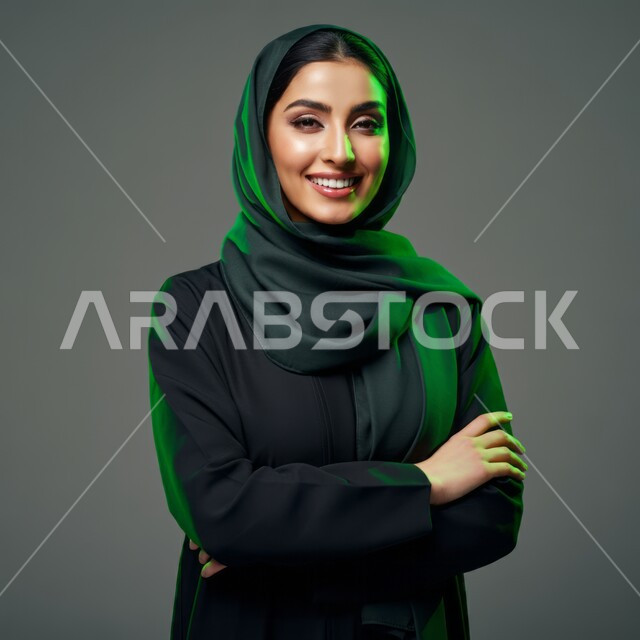 تعابير الثقة والاعتزاز بالنفس, الاهتمام بالأناقة والمظهر الخارجي, مفهوم الانوثة والنعومة, النظر إلى الكاميرا بإيماءات السعادة والسرور, بورتريه مقرب لامرأة عربية خليجية سعودية محجبة مبتسمة ترتدي العباءة السوداء تقف باستقامة واعتدال وأيدي متقاطعة, خلفية رمادية