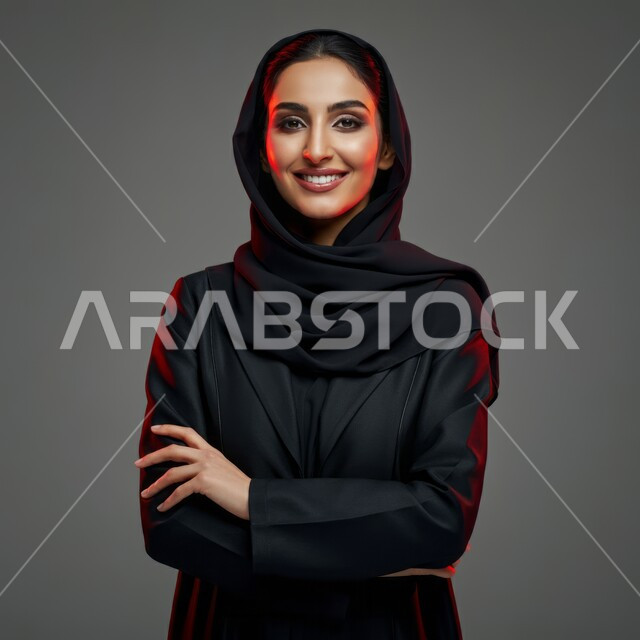 تعابير الثقة والاعتزاز بالنفس, الاهتمام بالأناقة والمظهر الخارجي, مفهوم الانوثة والنعومة, النظر إلى الكاميرا بإيماءات السعادة والسرور, بورتريه مقرب لامرأة عربية خليجية سعودية محجبة مبتسمة ترتدي العباءة السوداء تقف باستقامة واعتدال وأيدي متقاطعة, خلفية رمادية