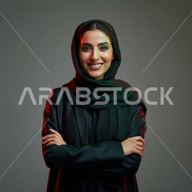 تعابير الثقة والاعتزاز بالنفس, الاهتمام بالأناقة والمظهر الخارجي, مفهوم الانوثة والنعومة, النظر إلى الكاميرا بإيماءات السعادة والسرور, بورتريه مقرب لامرأة عربية خليجية سعودية محجبة مبتسمة ترتدي العباءة السوداء تقف باستقامة واعتدال وأيدي متقاطعة, خلفية رمادية