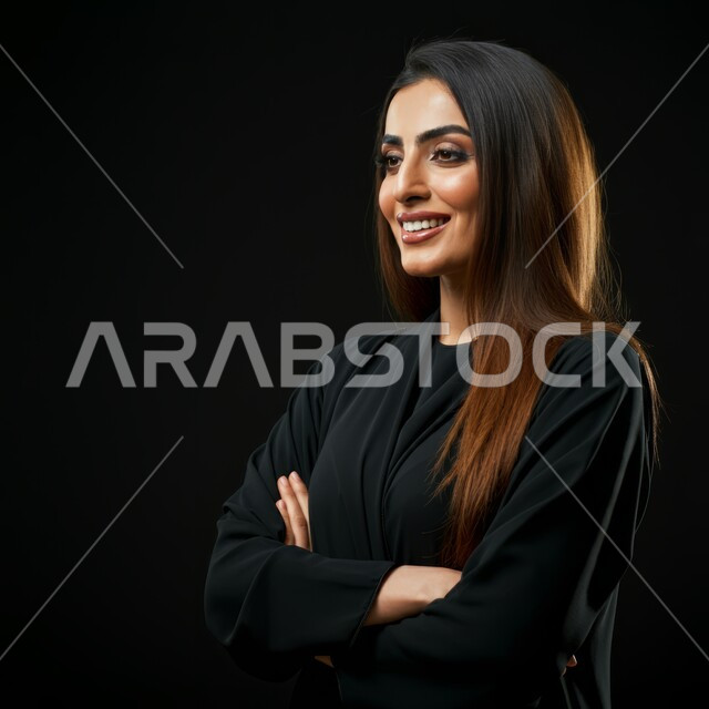 تعابير الثقة والاعتزاز بالنفس, الوقوف باستقامة واعتدال وأيدي متقاطعة, مفهوم الاهتمام بالأناقة والمظهر الخارجي, بورتريه مقرب لامرأة عربية خليجية سعودية مبتسمة ترتدي العباءة السوداء تنظر بإيماءات السعادة والسرور, خلفية سوداء