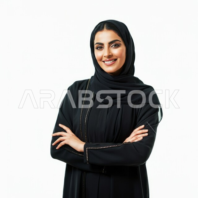 مفهوم الاهتمام بالأناقة والمظهر الخارجي, الوقوف باستقامة واعتدال وأيدي متقاطعة, تعابير الثقة والاعتزاز بالنفس, بورتريه مقرب لامرأة عربية خليجية سعودية محجبة مبتسمة ترتدي العباءة السوداء تنظر إلى الكاميرا بإيماءات السعادة والسرور, خلفية بيضاء