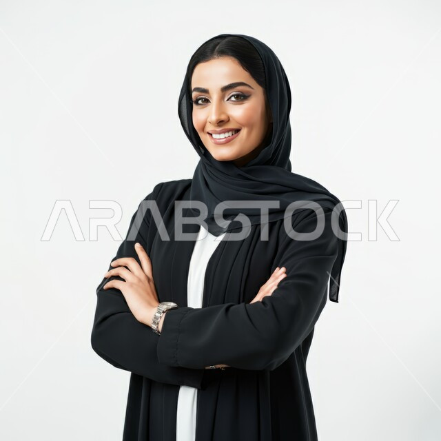 الوقوف باستقامة واعتدال وأيدي متقاطعة, تعابير الثقة والاعتزاز بالنفس, مفهوم الاهتمام بالأناقة والمظهر الخارجي, بورتريه مقرب لامرأة عربية خليجية سعودية محجبة مبتسمة ترتدي العباءة السوداء تنظر إلى الكاميرا بإيماءات السعادة والسرور, خلفية رمادية
