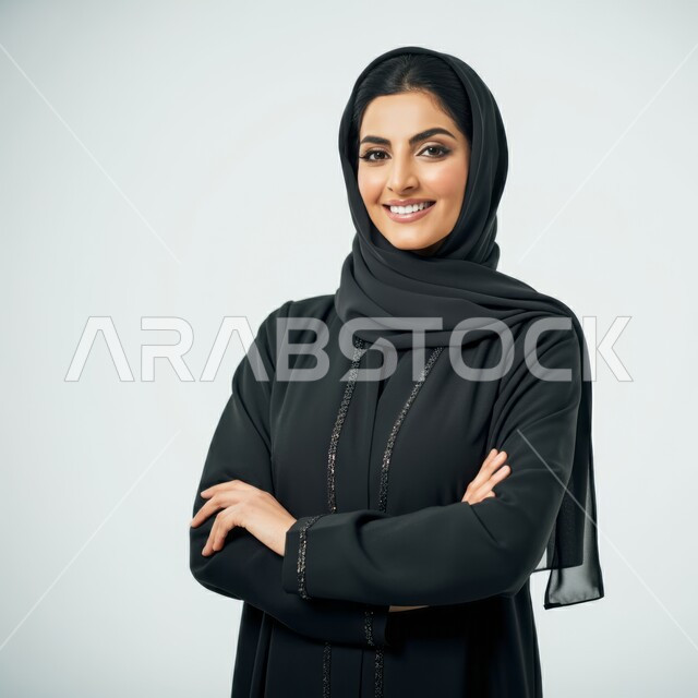 الوقوف باستقامة واعتدال وأيدي متقاطعة, تعابير الثقة والاعتزاز بالنفس, مفهوم الاهتمام بالأناقة والمظهر الخارجي, بورتريه مقرب لامرأة عربية خليجية سعودية محجبة مبتسمة ترتدي العباءة السوداء تنظر إلى الكاميرا بإيماءات السعادة والسرور, خلفية رمادية