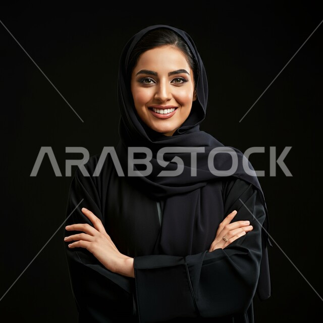 مفهوم الأنوثة والنعومة, النظر إلى الكاميرا بإيماءات السعادة والسرور, تعابير الثقة والاعتزاز بالنفس, الاهتمام بالأناقة والمظهر الخارجي, بورتريه مقرب لامرأة عربية خليجية سعودية محجبة مبتسمة ترتدي العباءة السوداء تقف باستقامة واعتدال وأيدي متقاطعة, خلفية سوداء