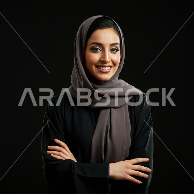 النظر إلى الكاميرا بإيماءات السعادة والسرور, مفهوم الأنوثة والنعومة, تعابير الثقة والاعتزاز بالنفس, الاهتمام بالأناقة والمظهر الخارجي, بورتريه مقرب لامرأة عربية خليجية سعودية محجبة مبتسمة ترتدي العباءة السوداء تقف باستقامة واعتدال وأيدي متقاطعة, خلفية سوداء
