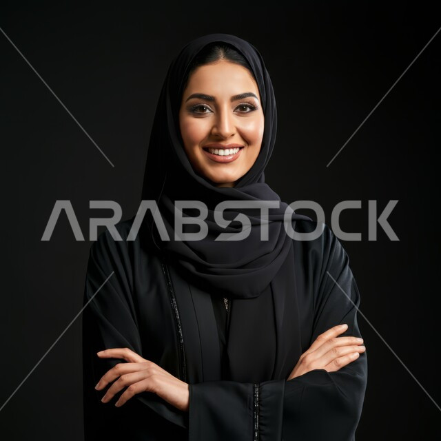 مفهوم الأنوثة والنعومة, النظر إلى الكاميرا بإيماءات السعادة والسرور, تعابير الثقة والاعتزاز بالنفس, الاهتمام بالأناقة والمظهر الخارجي, بورتريه مقرب لامرأة عربية خليجية سعودية محجبة مبتسمة ترتدي العباءة السوداء تقف باستقامة واعتدال وأيدي متقاطعة, خلفية سوداء