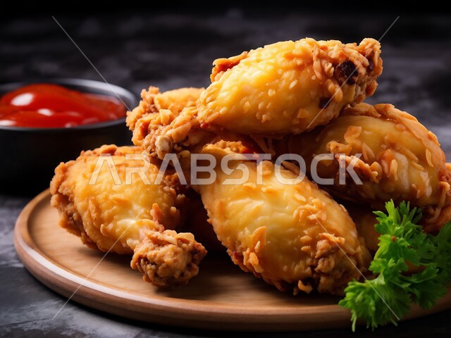 وصفات وأكلات شرقية بنكهات متميزة, المأكولات العربية الشهية، صورة مقرّبة لطبق من أفخاذ الدجاج المقلية المقرمشة, وجبات وأطباق الطعام اللذيذة, فنون التقديم في مطاعم المملكة العربية السعودية، خلفية سوداء