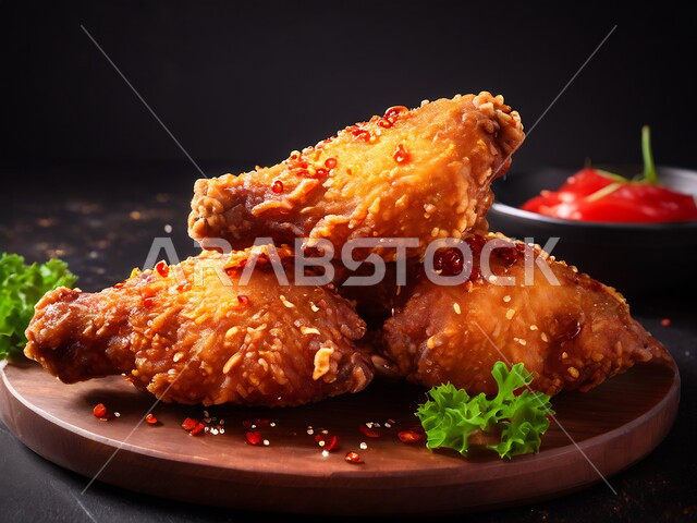 فنون التقديم في مطاعم المملكة العربية السعودية، وصفات وأكلات شرقية بنكهات متميزة, المأكولات العربية الشهية، صورة مقرّبة لطبق من أفخاذ الدجاج المقلية المقرمشة, وجبات وأطباق الطعام اللذيذة, خلفية سوداء