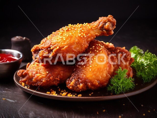 Delicious meals and dishes, the art of presentation in restaurants in the Kingdom of Saudi Arabia, recipes and oriental dishes with distinctive flavors, delicious Arabic foods, a close-up image of a plate of crispy fried chicken thighs, black background