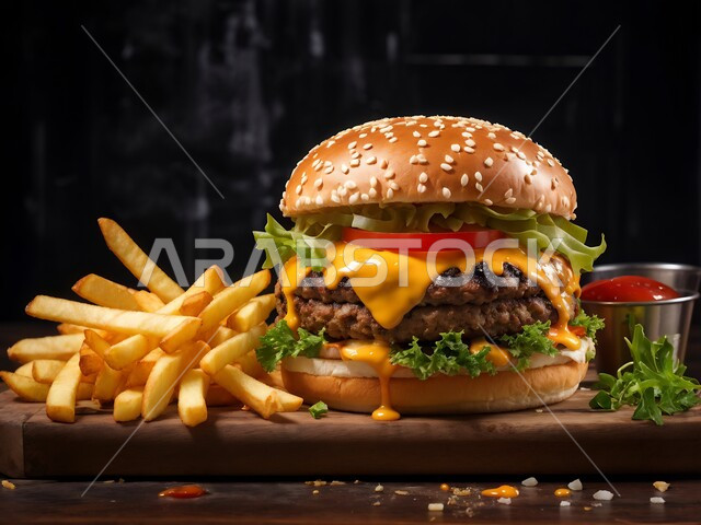 الأساليب الفنية في تقديم الطعام بمطاعم المملكة العربية السعودية, الأكلات الجاهزة الشهية, وجبات المأكولات السريعة الغير صحية, ساندوتش البرجر بقطع اللحم وطبقات الجبن الذائبة مع أوراق الخس والخضار والبطاطس المقلية, خلفية سوداء