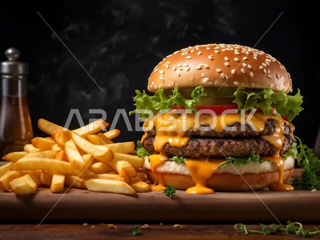 ساندوتش البرجر بقطع اللحم وطبقات الجبن الذائبة مع أوراق الخس والخضار والبطاطس المقلية, الأساليب الفنية في تقديم الطعام بمطاعم المملكة العربية السعودية, الأكلات الجاهزة الشهية, وجبات المأكولات السريعة الغير صحية, خلفية سوداء