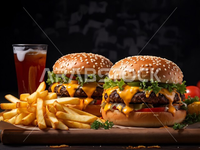 ساندوتش البرجر بقطع اللحم وطبقات الجبن الذائبة مع أوراق الخس والخضار والبطاطس المقلية, الأساليب الفنية في تقديم الطعام بمطاعم المملكة العربية السعودية, الأكلات الجاهزة الشهية, وجبات المأكولات السريعة الغير صحية, خلفية سوداء