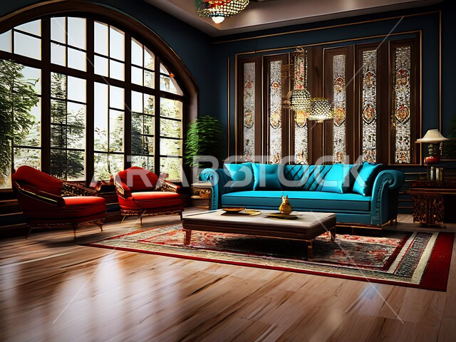 شقق وفلل سكنية في المملكة العربية السعودية، أثاث منزلي راقي ومريح, غرف معيشة بتصاميم عصرية حديثة, التحف والديكورات الداخلية الأنيقة, الواجهات والنوافذ الزجاجية, غرفة جلوس فاخرة مع أريكة زرقاء وكراسي حمراء