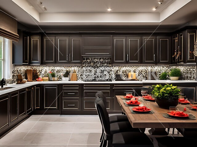 Modern and distinctive contemporary design for a brown kitchen, elegant interior decorations, residential apartments and villas in the Kingdom of Saudi Arabia, elegant and comfortable home furniture, modern style decoration for kitchens