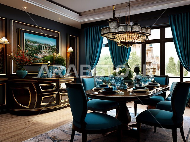 غرفة سفرة مع كراسي وطاولة فاخرة, ديكورات داخلية أنيقة, تصاميم عصرية حديثة ومميزة, شقق وفلل سكنية في المملكة العربية السعودية، أثاث منزلي راقي ومريح, ديكور على الطراز الحديث لغرف الطعام, الواجهات الزجاجية الكبيرة