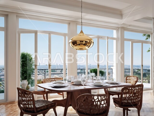 غرفة سفرة مع كراسي وطاولة فاخرة, ديكورات داخلية أنيقة, تصاميم عصرية حديثة ومميزة, شقق وفلل سكنية في المملكة العربية السعودية، أثاث منزلي راقي ومريح, ديكور على الطراز الحديث لغرف الطعام, الواجهات الزجاجية الكبيرة